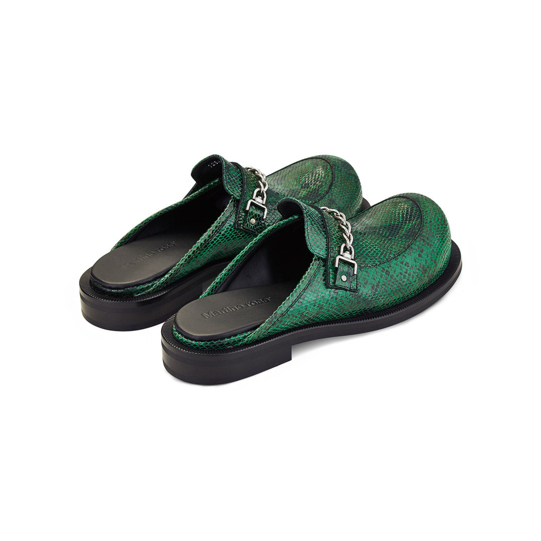 MENS BULB TOE CHAIN MULE in GREEN FAUX SNAKE | Official Online Shop